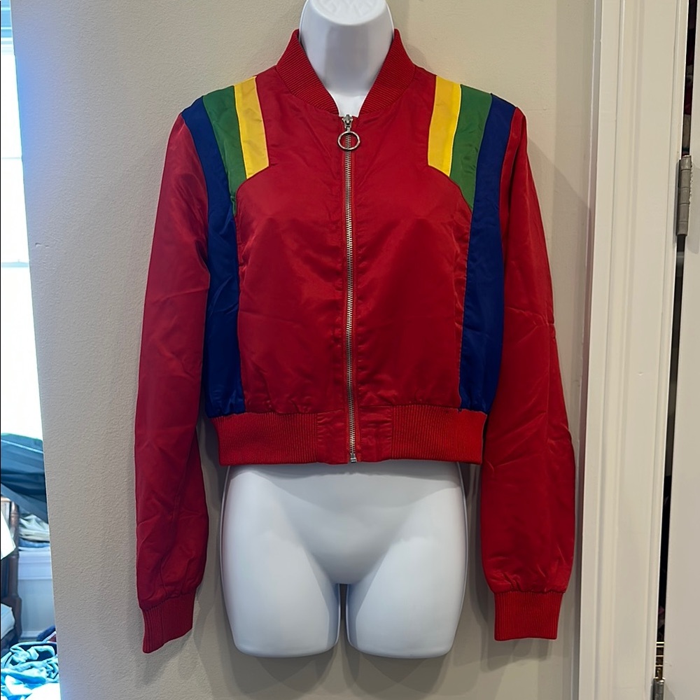 Forever 21 Red Bomber Jacket with Colorful Stripes